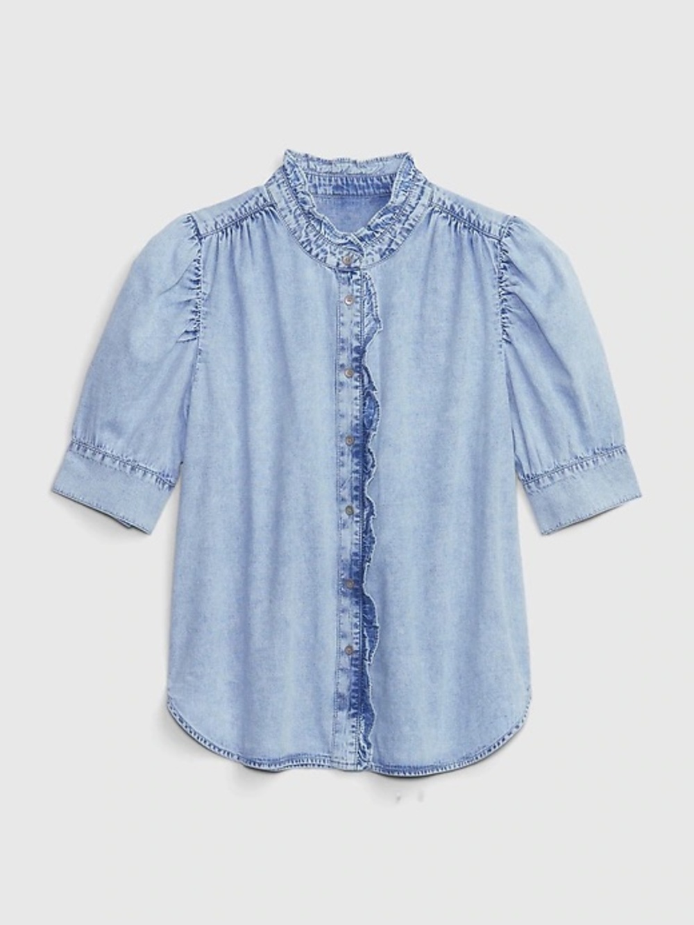 GAP Puff Sleeve Ruffle Denim Shirt Button Down Top Light Wash Indigo Size Medium - Picture 11 of 11